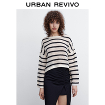 UR2022 Spring New Pint Women Dress Casual Retro Wind Striped Crochet Hook Needle Sleeve Head Knit T-shirt WL09S9BN2000
