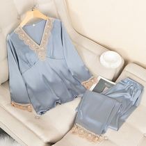 Pajamas female spring and autumn Ice Silk sexy long-sleeved trousers two-piece set Korean thin summer home clothes can be worn outside