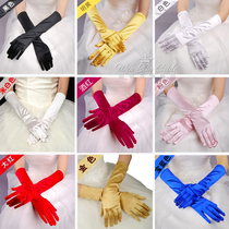 Bride wedding dress red blue yellow white black long gloves accessories stage long bag finger stretch satin gloves