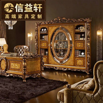 Xinyixuan European computer desk and desk combination solid wood carved glass double door bookcase natural solid wood skin parquet