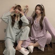 Korean plaid pajamas female autumn and winter students cute Net red ins long sleeves can wear two-piece home clothes
