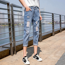 Denim three-point pants large size perforated jeans summer womens thin 2021 new loose straight seven-point pants
