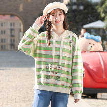 Girls autumn loose hooded clothes High School students autumn college style junior high school girls Korean striped tops