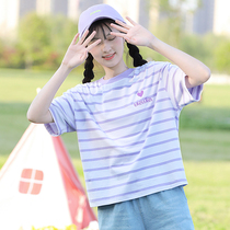 Hipster stripe short sleeve T-shirt Korean version loose college style girl summer dress High School junior high school students summer coat