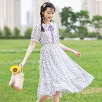 Girl dress summer high school students summer flower chiffon fairy child 12-year-old girl skirt over the knee