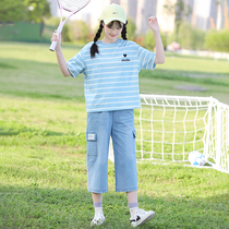 Girls summer stripes short sleeves two-piece set loose junior high school students high school girls 15-year-old fashion girls summer clothes