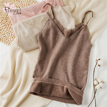 With V-collar warm vest female cotton fine wool lap suede slim autumn winter beauty body hit bottom harness warm jacket