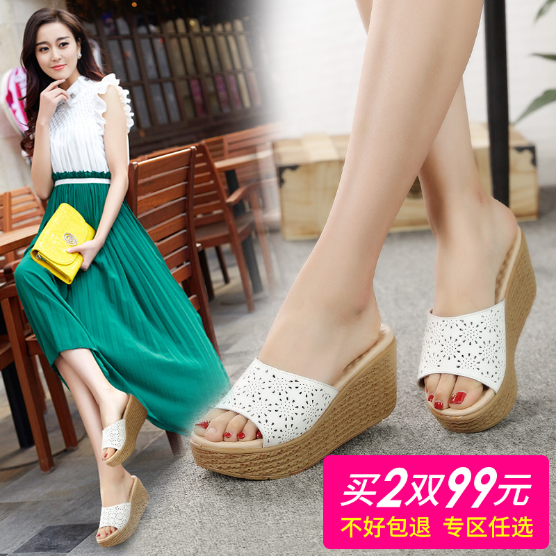 Summer women's shoes Korean version leather thick-soled slippers Women's summer fashion high-heeled sandals wore sloping-heeled sandals
