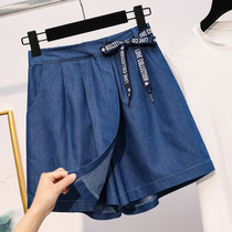 Tencel denim shorts Womens summer thin Korean version fat mm large size elastic waist loose five points high waist wide leg culottes