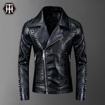 Net red tide mens light luxury European PU leather jacket rivet youth motorcycle suit Mens autumn decoration body casual outer shirt