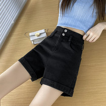 Black denim shorts female spring and summer thin section A character slim 2022 new ultra high waist 100 hitch loose Korean version wide leg