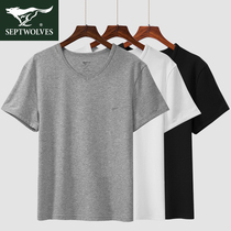Seven wolves mens pajamas cotton home Cotton short sleeve one-piece coat mens home summer spring and autumn mens T-shirt