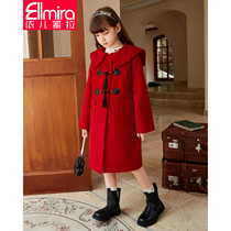 Girls woolen coat autumn and winter middle and large children's red coat long 2021 new foreign style children's new year worship clothes