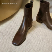 Chelsea high heel boots women Spring and Autumn single boots knitted square head Brown Martin boots thick heel leather thin socks boots