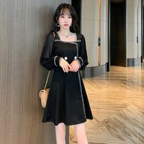 Large size womens clothing spring and autumn bright silk Chiffon stitching Hepburn style small black skirt square collar waist base outside wear a-line skirt