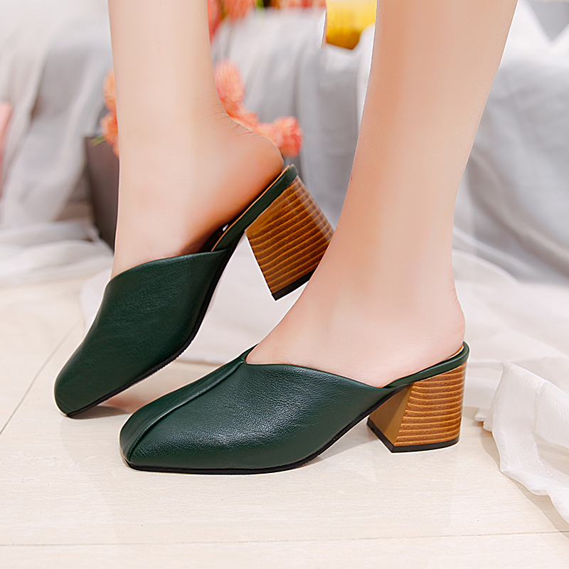 Women's Fashion Shoes of the New Summer Korean Edition in 2019 with Medium-heel, Rough-heeled, Retro-style Baotou Half-slipper and Women's Shoes