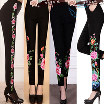 Womens new spring and autumn middle-aged fashion embroidery slim leggings large size elastic waist high waist mother pants