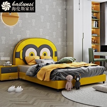 Light luxury childrens bed 1 5 meters cartoon boy ins Net Red single bed cute dream Little Yellow Man cartoon real leather bed