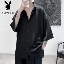 Playboy hanging ice silk shirt Mens short-sleeved loose summer thin ruffian handsome casual shirt trend jacket