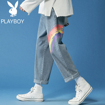 Playboy summer thin jeans mens loose trend straight rainbow pants Port style handsome trousers