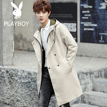 Playboy mens trench coat long Korean version 2021 new casual trend coat autumn and winter British coat