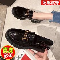 Lofu shoes womens summer 2021 New British style one pedal shoes patent leather professional small leather shoes thick bottom jk Black
