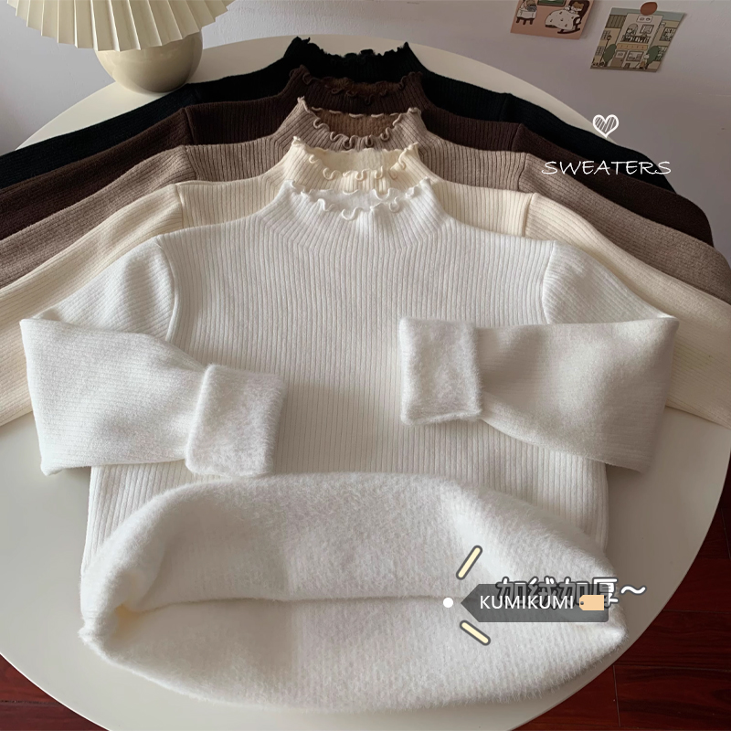 White lace half high collar with long sleeved sweater underneath, women's winter plush and thick insulation knit top