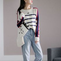 Japanese striped sweater womens early autumn blouse lazy wind loose thin age round collar pullover long sleeve base shirt