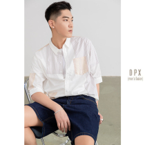 Horizon mens retro stitching shirt summer thin casual mid-sleeve five-point shirt striped inch shirt youth