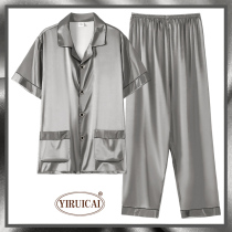 Mens pajamas thin summer ice silk premium homewear short sleeves long pants summer imitation silk two-piece set
