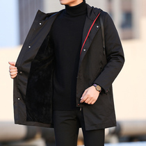 Windbreaker men long hooded 2021 Autumn Winter men coat autumn winter fashion plus size plus velvet solid color coat men