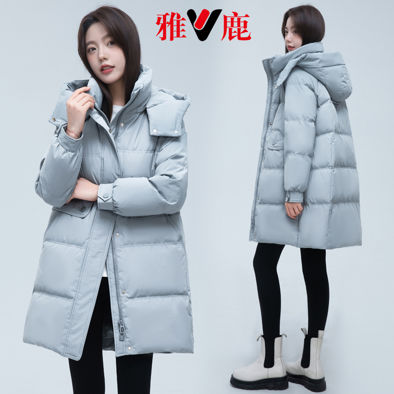 Yalu down jacket women's mid length genuine 2023 new Korean version oversized loose and thickened white duck down hooded jacket