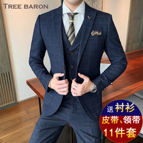 Groom suit suit Mens three-piece suit Casual business formal slim fit wedding dress Plaid suit mens summer