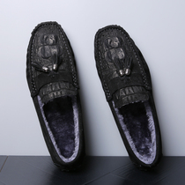 2020 winter New with cashmere Bean shoes mens leather one pedal lazy shoes Korean version of Joker Crocodile cotton shoes tide tide