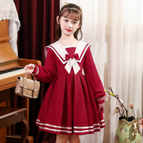 Childrens clothing girls college style dress autumn and winter long sleeve navy collar student princess skirt Net Red foreign gas Childrens skirt