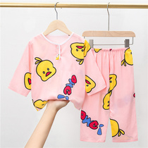 Summer cotton silk childrens pajama suit thin section large girl boy cotton Poplin girl long sleeve air conditioning home suit baby