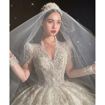 Main wedding dress 2021 new temperament high-end sense of luxury heavy industry high-end long tail court V-neck long-sleeved cover arm