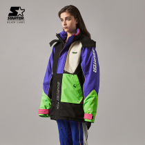 STARTER male and female in the same fashion hit color splicing with long-and-hat down jacket