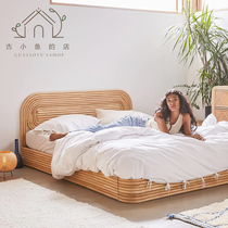  Nordic rattan woven bed Double bedroom rattan art bed Simple Japanese 15m single bed Bed and breakfast Hotel creative rattan bed