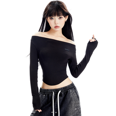 taobao agent Autumn sexy T-shirt, top, long-sleeve, American style, open shoulders, fitted