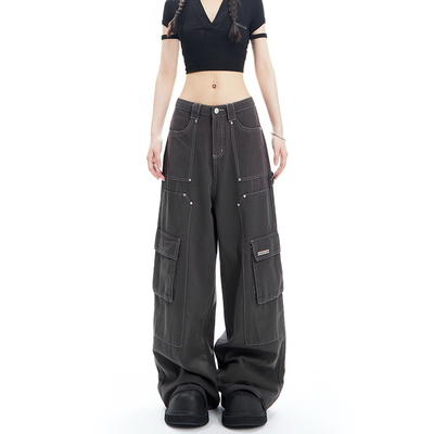 taobao agent APEA Sweet and Cool Solid Girl High Street Heavy Industry Gong Workers Women's Female Family Retro Loose Loose Slender Leisure wide -leg pants j