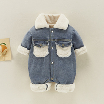 0-1-year-old baby denim clothes autumn and winter handsome male baby jumpsuit winter plus velvet clothes