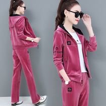 Corduroy sports suit women spring and autumn 2021 new fashion foreign style wide leg pants Korean casual sweater three sets