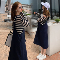 Pregnant women autumn suit fashion style style foreign striped top female strap skirt subnet red size dress two-piece dress