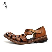 Zhou Ying washed by hand with manual retro mens breathable Roman genuine leather sandals Woven Buckle Hollowed-out Solid Specific Leather Sole Shoes