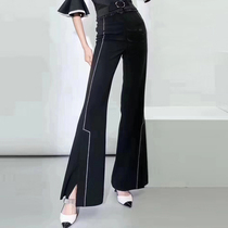 Shopping Mall flagship store official website counter 2021 Spring and Autumn new products vertical stripes open fork wide leg trousers women