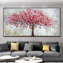 Pure hand-painted oil painting custom simple modern horizontal pink wealth tree mural abstract hanging painting living room decoration painting meal