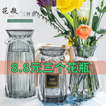 Three-piece Nordic ins wind glass vase transparent dried flowers living room flower arrangement water raising green dill hydroponic lily ornaments