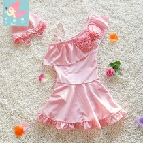 Childrens swimsuit girls medium and large childrens one-piece skirt slant shoulder cute swimsuit 4-15 years old 6 students 9 girls swimsuit