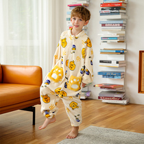 Childrens conjoined pajamas boys autumn and winter thickened flannel boys coral velvet home clothing anti-kick